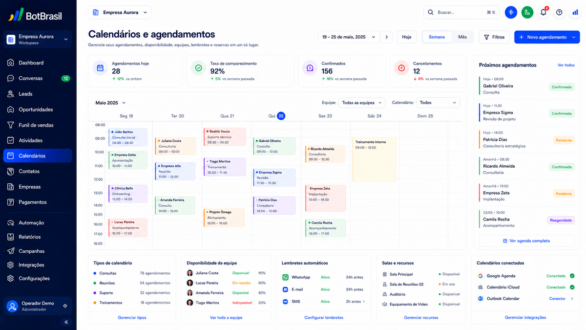 Calendário de agendamento online da BotBrasil com horários disponíveis e confirmação automática — BotBrasil para educação