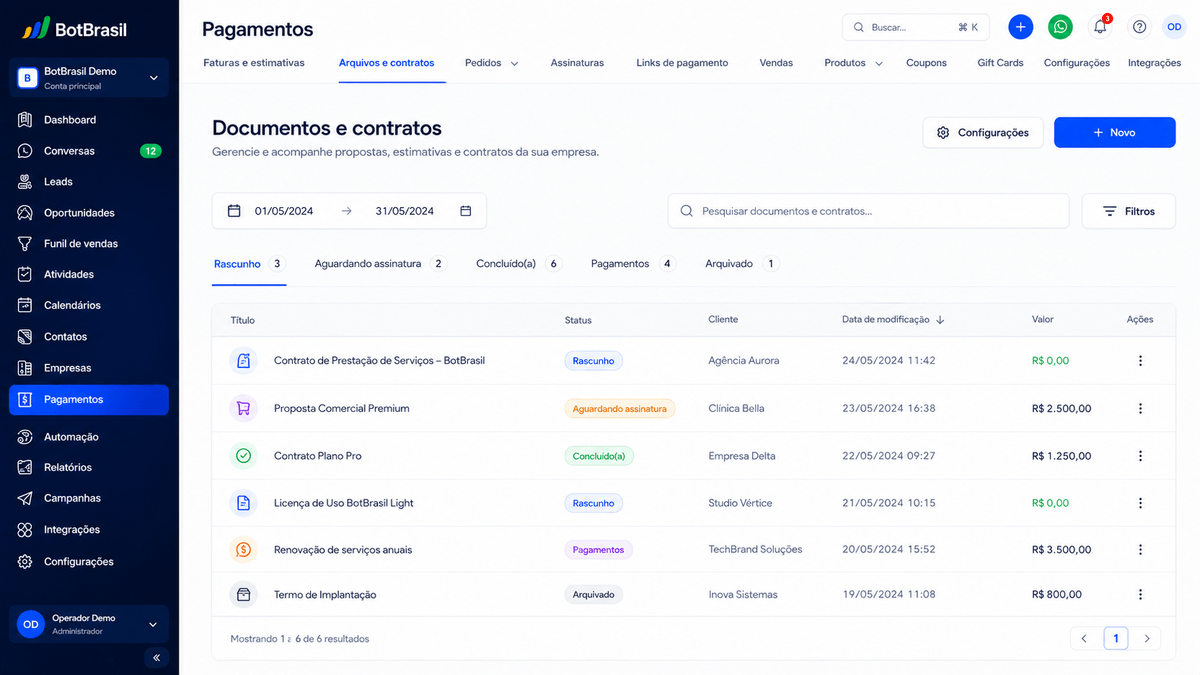 Contratos com assinatura digital e fluxo jurídico — BotBrasil para educação