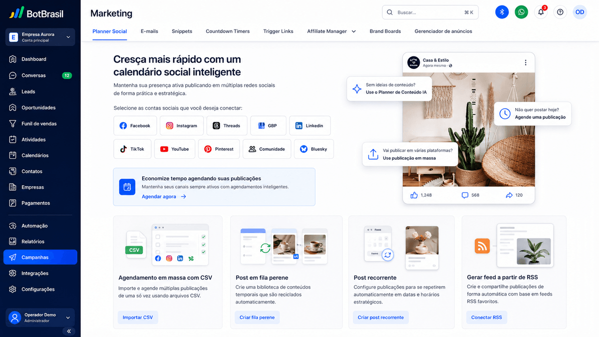 Painel de marketing da BotBrasil com gestão de redes sociais, campanhas e relatórios de conversão — BotBrasil para educação