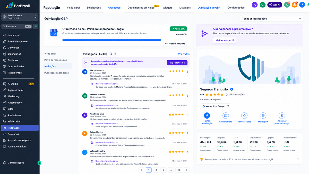 Painel de reputação online da BotBrasil com avaliações do Google, NPS e respostas automáticas — BotBrasil para educação